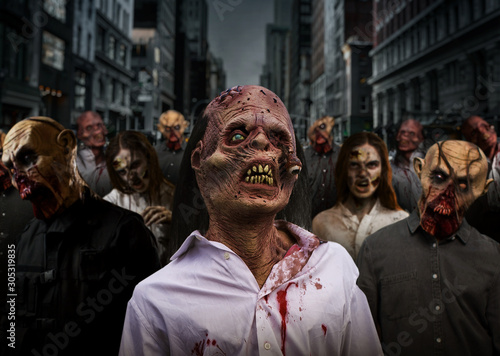 Zombies on night street in downtown, monsters army