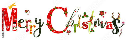 December holidays month Merry Christmas vector with gifts flowers and leaves. Decoration text floral. Decoration letters, Illustration Merry Christmas celebration