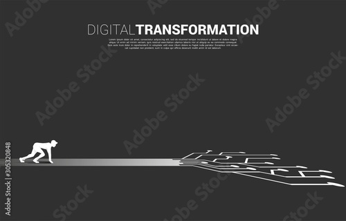 Silhouette of businessman ready to run on road with dot connect line circuit. concept of digital transformation of business.