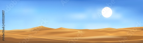 Fotografia Vector illustration of desert panorama landscape with sand dunes on very hot sunny day summer, Minimalist panoramic cartoon nature empty sand and sun with clean sky
