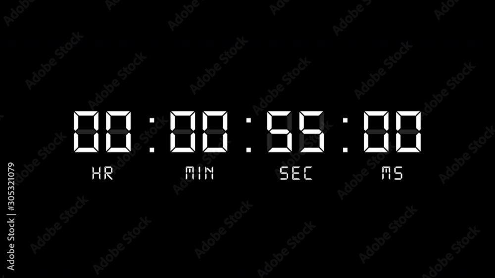 One minute digital clock countdown from sixty to zero. High quality 4k video. Timer with LCD display. White numbers over a black background.