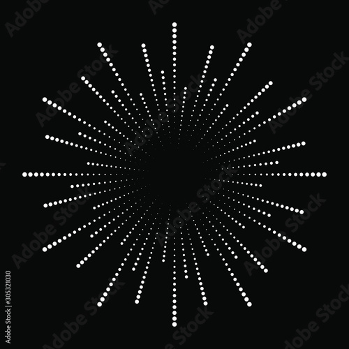 Abstract white radial dotted lines in circle form. Explosion shape. Black background. Fireworks. Sunburst. Design element for logo, sign, symbol, prints, web, template and textile pattern