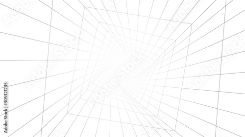 Vector perspective grid. Vortex. Curved abstract tunnel. Detailed lines on white background.