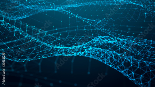 Network of dots connected by lines. DNA twisted structure. Abstract background. Big data visualization. 3D rendering.