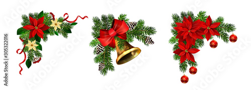Christmas decorations with fir tree golden jingle bells photo