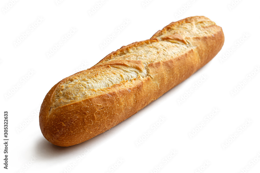French baguette made of wheat flour, with a crisp crust, on a white background French baguette made of wheat flour, with a crisp crust, on a white background