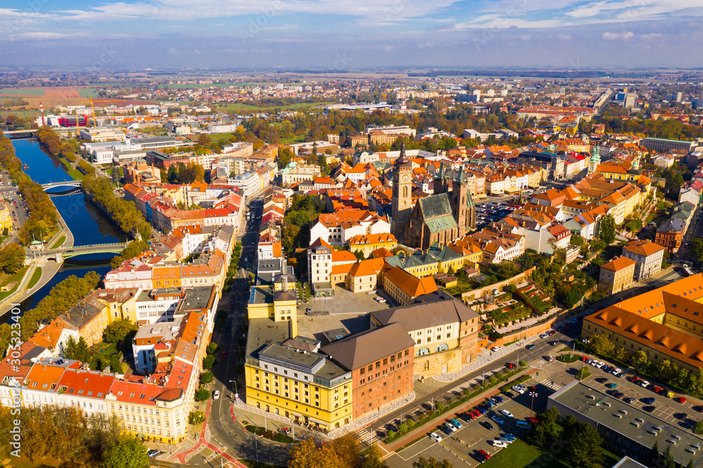 Panoramic view from the drone on the city Hradec Kralove