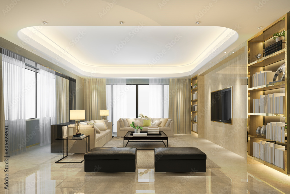 3d rendering loft luxury living room with pouf and bookshelf 3d rendering loft luxury living room with pouf and bookshelf