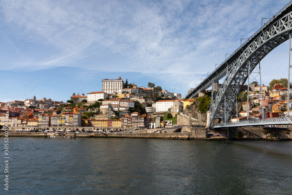 Landscape of Porto, Portugal with Douro River, city skyline, and bridge under blue sky