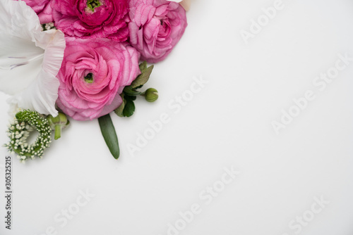 Ranunculus and anemone flower background floral feminine flat lay