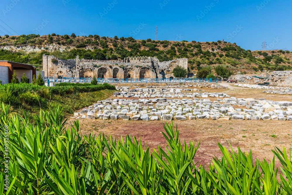 Perga or Perge, Turkey - September 12, 2019: an ancient Greek city in Anatolia, a large site of ancient ruins, now in Antalya Province on the Mediterranean coast 