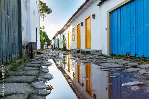 Paraty cobblestone streets and houses with colorful doors of the historic center in Paraty, Rio de Janeiro, Brazil. UNESCO World Heritage Site on the Brazilian Coast