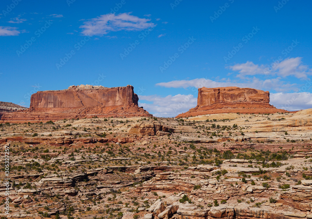 Fototapeta premium Large red rock sentinels quietly watch over the road to Canyonlands National Park.