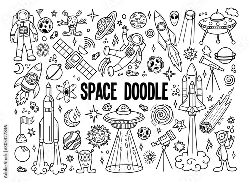 Hand drawn doodles cartoon set of space objects and symbols. Doodle objects on white background. Vector illustration.