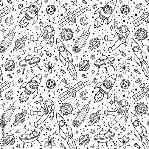 Vector doodle space seamless pattern on white background.