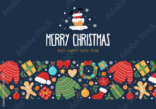 Christmas and New Year banner, greeting card with hand drawn decorative elements on dark blue background.