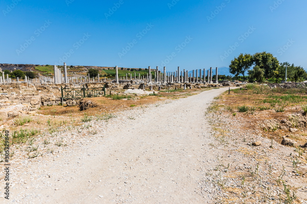 Perga or Perge, an ancient Greek city in Anatolia, a large site of ancient ruins, now in Antalya Province on the Mediterranean coast of Turkey. Perga or Perge, an ancient Greek city in Anatolia, a large site of ancient ruins, now in Antalya Province on the Mediterranean coast of Turkey.