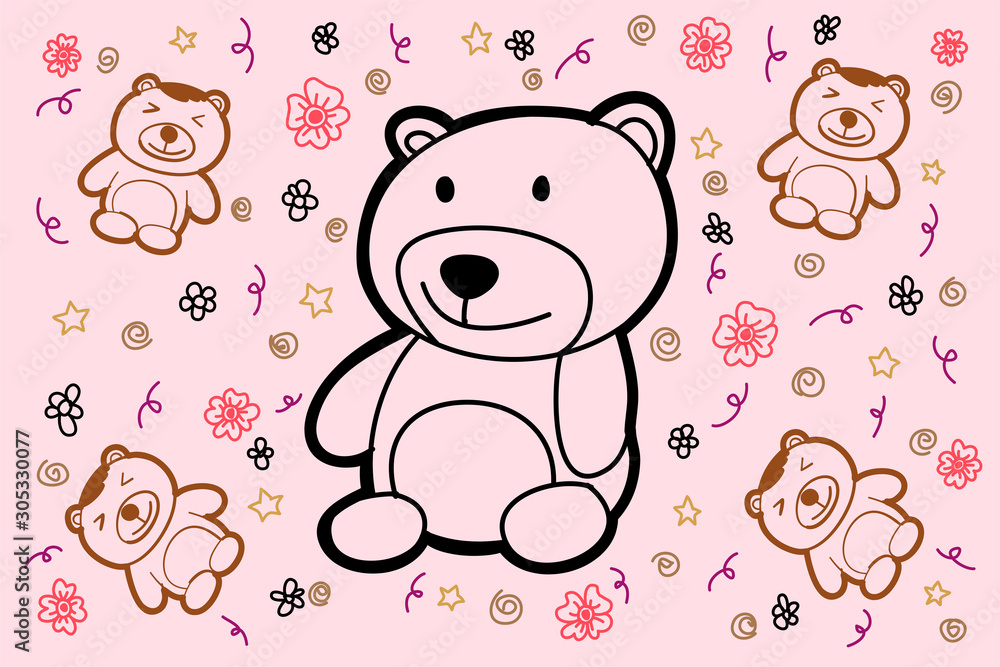 Drawing doodle of bear dolls set with flowers for decoration, wallpaper, publishing, banner or sign design. Editable vector illustration graphic design.