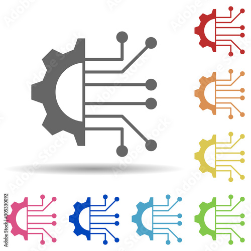 Gear, circuit board, data integration in multi color style icon. Simple glyph, flat vector of business icons for ui and ux, website or mobile application