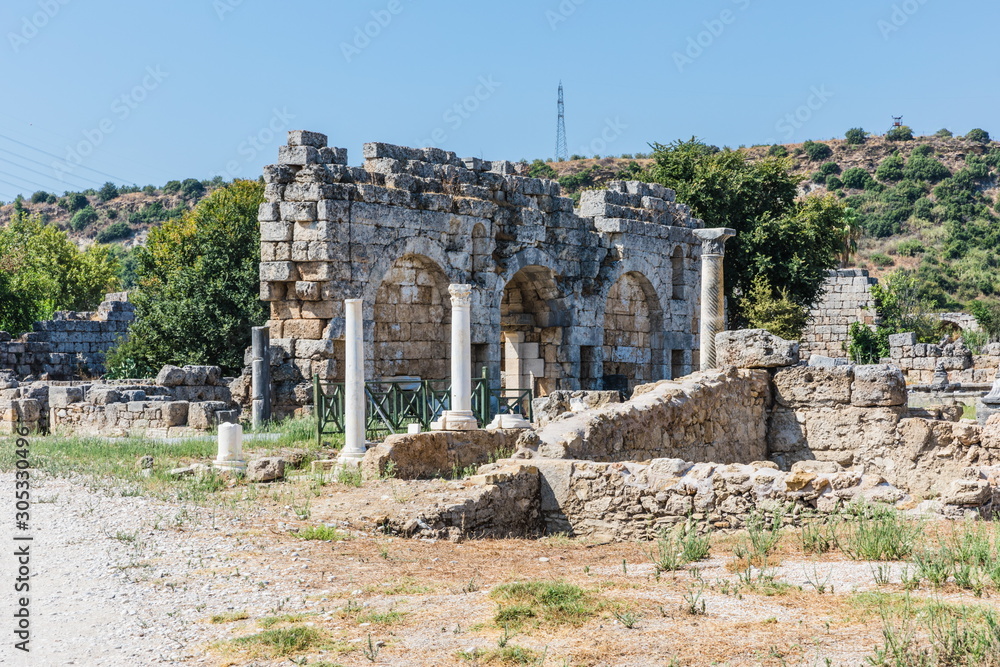 Perga or Perge, an ancient Greek city in Anatolia, a large site of ancient ruins, now in Antalya Province on the Mediterranean coast of Turkey.