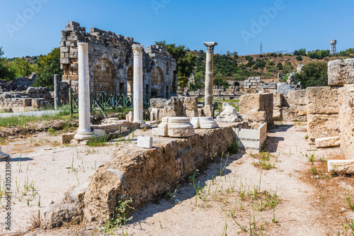 Perga or Perge, an ancient Greek city in Anatolia, a large site of ancient ruins, now in Antalya Province on the Mediterranean coast of Turkey.