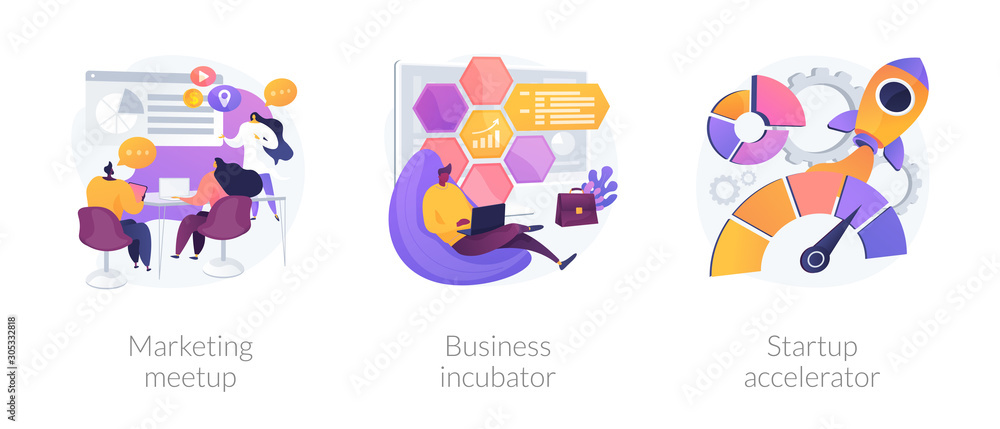 Fototapeta premium Startup supporting metaphors set. Development of companies, mentoring and training. Marketing meetup, business incubator, startup accelerator . Vector isolated concept metaphor illustrations