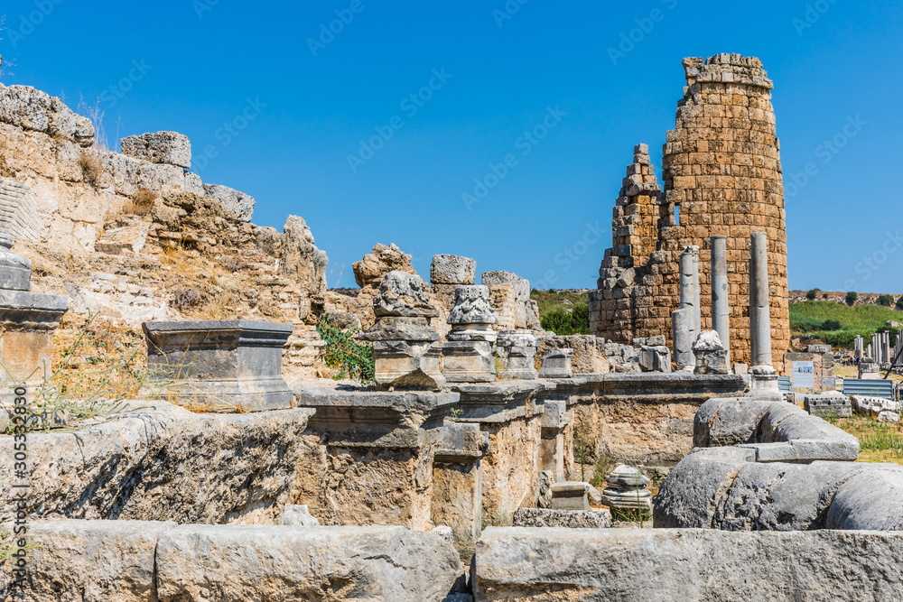 Perga or Perge, an ancient Greek city in Anatolia, a large site of ancient ruins, now in Antalya Province on the Mediterranean coast of Turkey.