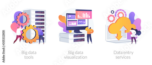 Big data metaphors icons set. Large amount of information storage, sharing, analysis and processing. Tools, visualization, data entry services. Vector isolated concept metaphor illustrations