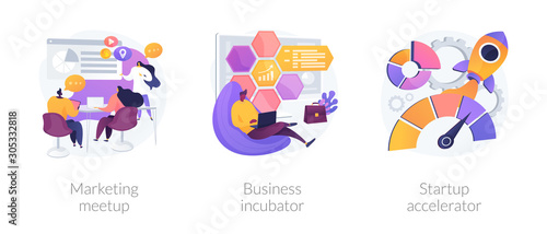 Startup supporting metaphors set. Development of companies, mentoring and training. Marketing meetup, business incubator, startup accelerator . Vector isolated concept metaphor illustrations photo