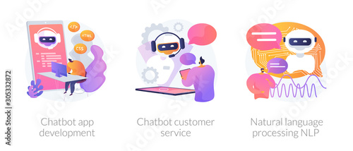 Chatbot icons set metaphors. Information engineering, artificial intelligence, chatbot app development. Customer service and language processing NLP. Vector isolated concept metaphor illustrations