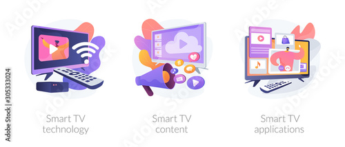 Modern television technology metaphors set. Smart TV, content, applications. Network connected interactive device. Internet TV, broadcasting media. Vector isolated concept metaphor illustrations