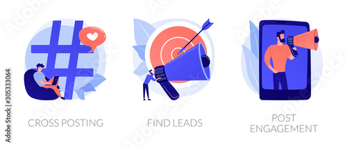 Modern promotion methods icons set. Marketing network. SMM business, customer attraction campaign. Cross-posting, find leads, post engagement metaphors. Vector isolated concept metaphor illustrations