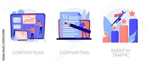 Internet website promotion, SEO strategy icons set. Audience increase, business solutions. Content plan, copywriting, boost in traffic metaphors. Vector isolated concept metaphor illustrations