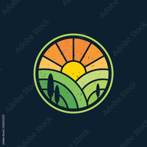 Sunrise landscape agriculture logo design vector illustration