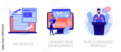 Professional website creation service. Internet communication network. Microsites, landing page development, public speakers profiles metaphors. Vector isolated concept metaphor illustrations