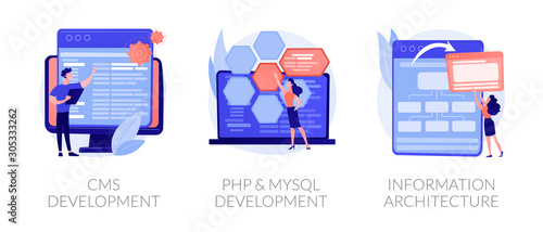 Content management system. Software engineering, database programming. CMS development, PHP MySql development, information architecture metaphors. Vector isolated concept metaphor illustrations.