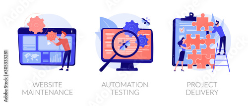 Internet site administration, support service. Bug fixing, teamwork management. Website maintenance, automation testing, project delivery metaphors. Vector isolated concept metaphor illustrations