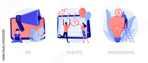 Marketing campaign, workflow planning and time management. Business funding, money investing cliparts set. PR, events, sponsoring metaphors. Vector isolated concept metaphor illustrations