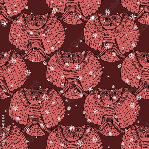 Seamless geometrical monochrome winter pattern with stylized funny owls and snowflakes. Ancient Peruvian folk motif of Mochica or Moche Indians.	