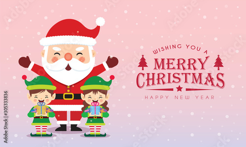 Cute cartoon santa claus & christmas elves holding gifts on snowy gradient background. Christmas character flat design. Xmas greetings illustration.