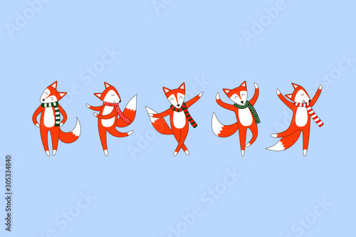 Cute foxes showing various actions, Funny baby foxes dancing collection, Hand drawn cartoon doodles style.