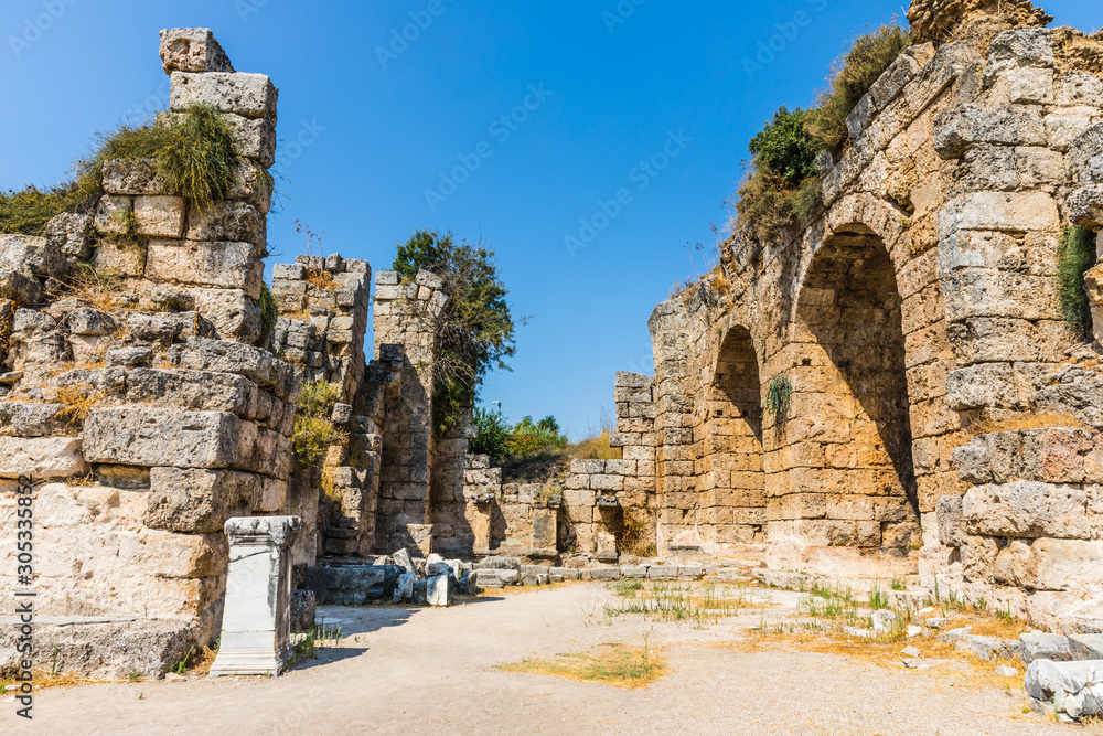 Perga or Perge, an ancient Greek city in Anatolia, a large site of ancient ruins, now in Antalya Province on the Mediterranean coast of Turkey.