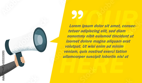 Speech bubbles announced by megaphone, illustration. Hand holding megaphone with bubble speech. Megaphone text bubble card with place for your text. Vector illustration