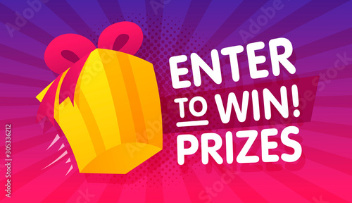 Enter to win prizes gift box. Cartoon style banner template. Vector illustration