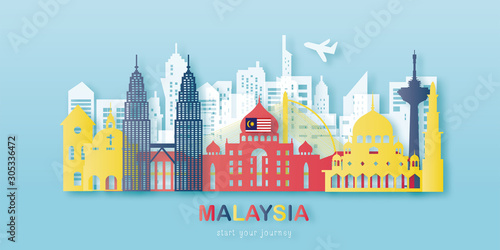Malaysia Travel postcard, poster, tour advertising of world famous landmarks in paper cut style. Vectors illustrations