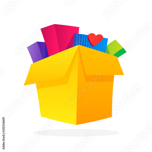 Opened gift box, surprise, celebration event, surprising gift boxes. Give presents concept. Flat cartoon design vector illustration