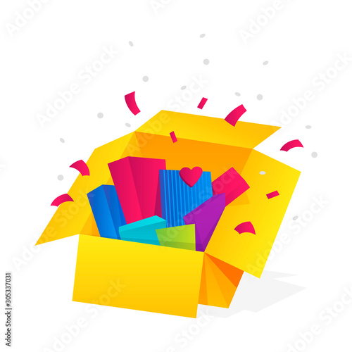 Opened gift box, surprise, celebration event, surprising gift boxes. Give presents concept. Flat cartoon design vector illustration