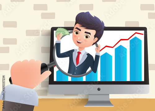 Business character searching online profit vector concept. Business character in magnifier holding money for increasing of online profit sales. Vector illustration.