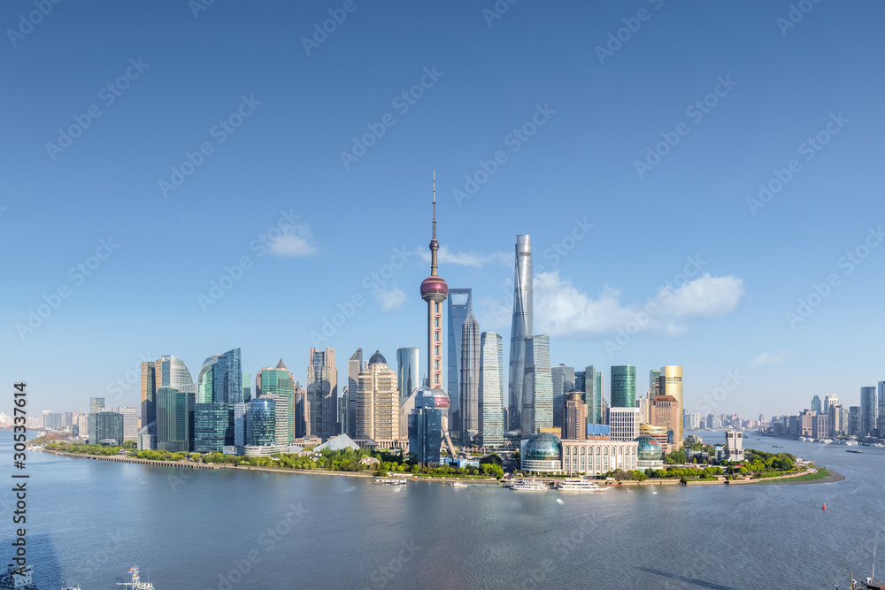 shanghai skyline in sunny sky