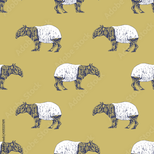Seamless geometrical monochrome animal pattern with hand drawn silhouettes of Malayan Tapirs (Tapirus indicus).	